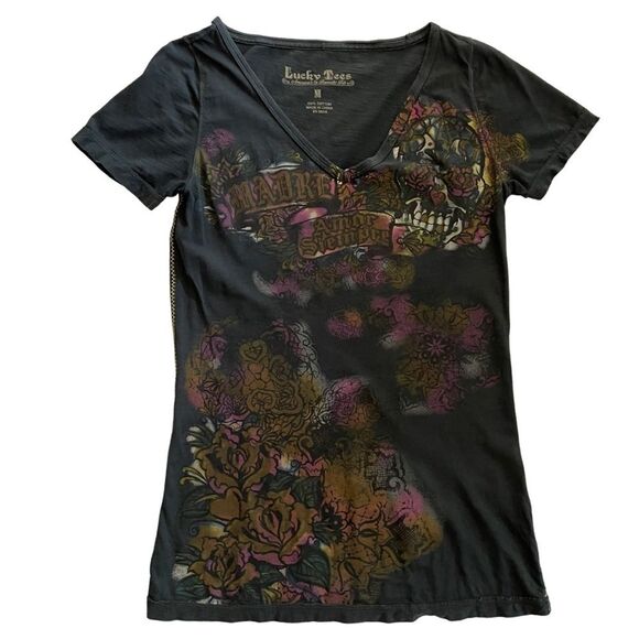 VINTAGE Y2K Lucky Brand Graphic Print V-Neck Tee Charcoal Gray Size Medium - Picture 1 of 7